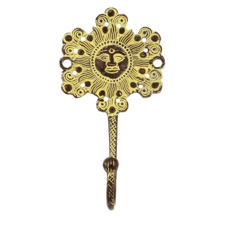 Handmade Golden Brass Sun Face Single Wall Hook