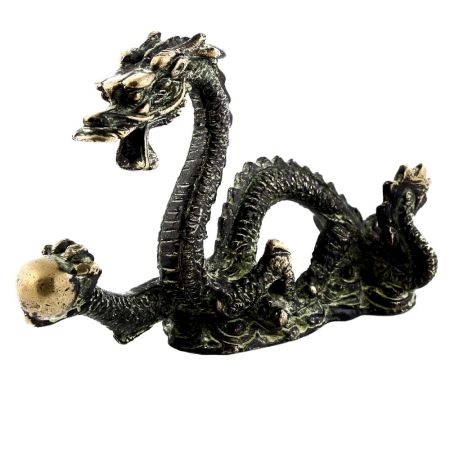 Handmade Black Patina Brass Dragon Statue With A Ball
