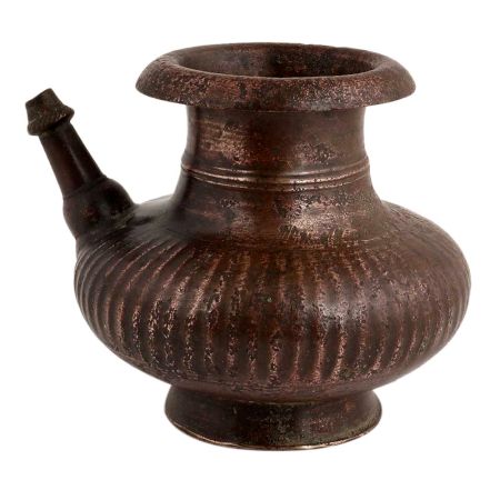 Handmade Dark Brown Brass Pot With Fluted Design And Spout