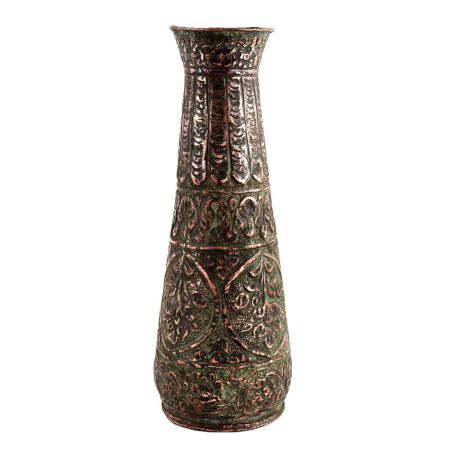 Hand carved Dark Brown Copper Vase With Embossed Flower Design