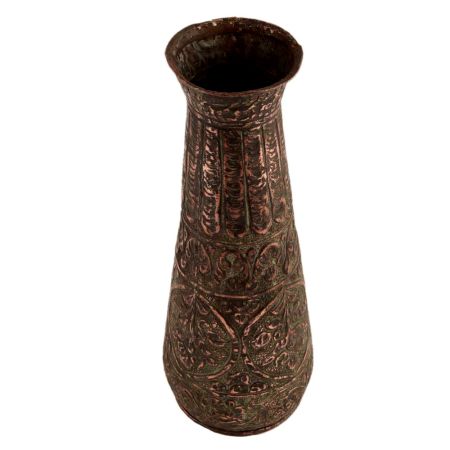 Hand carved Dark Brown Copper Vase With Embossed Flower Design