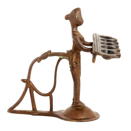 Handmade Brown Brass Lady Holding Five Faced Oil Lamp