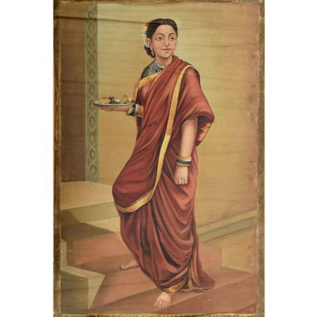 Handmade Multicolored Lady going for puja in Shiva Temple Indian Painting