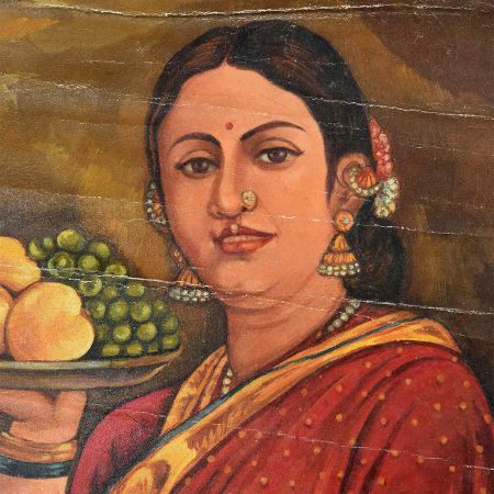 Handmade Multicolored Indian Painting Of a lady Holding A Plate Of Fruits