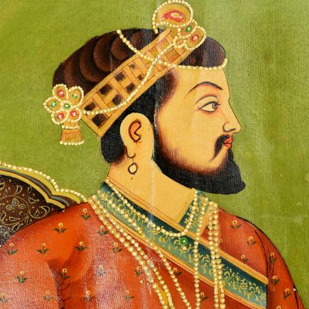 Handmade Multi-coloured Painting of Emperor Shah Jahan On lion  Head Throne