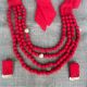 Red Fabric Beaded Neckpiece With Earrings Set
