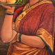 Handmade Multicolored Indian Painting Of a lady Holding A Plate Of Fruits