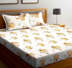 Yellow Floral White Cotton180 TC Printed Double Bedsheet with Two Pillow Cover