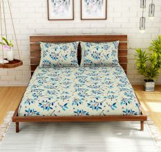 Spaces 104 TC Blue Leaves Cotton Double Bed Sheet with 2 Pillow Covers