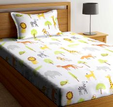 Multi Color Chic Zoo Animals Home Kids 180 TC Cotton Single Bedsheet with One Pillow Cover