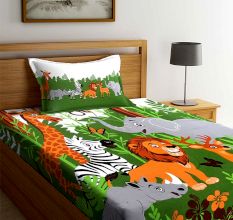 Multi Colored Chic Home Kids Jungle 180 TC Cotton Single Bedsheet with One Pillow Cover