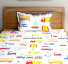 Multicolored Chic Home Kids Transport 180 TC Cotton Single Bedsheet with One Pillow Cover