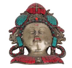 Handmade Multicolored Brass Lord Shiva Wall Hanging Mask With Stonework