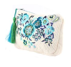 White Jaquard Cotton Floral Zip Top Clutch Purse Hand Embroidery