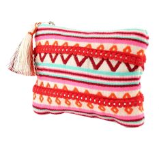 Pink Colorful Hand Embrodered Zip Top Clutch Bag With Tassle