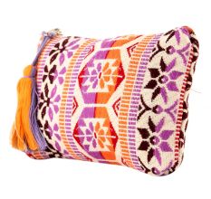 Traditional Pink Pattern Zip Top Jaquard Cotton Clutch bag With Tassle