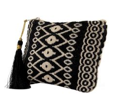 Black And White Geo Graphic Zip Top Clutch Bag With Tassle