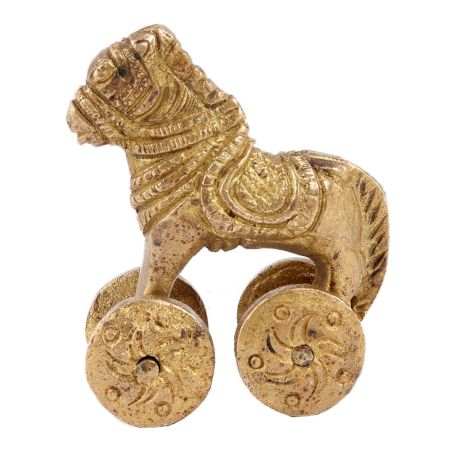 Handmade Golden Brass Hindu Temple Toy Horse Statue On Wheels