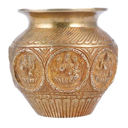 Handcrafted Golden Brass Holy Water Pot Carved With Goddess Laxmi Images