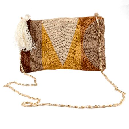 Muticolored Glass Bead And Cotton Ziptop Clutch Bag