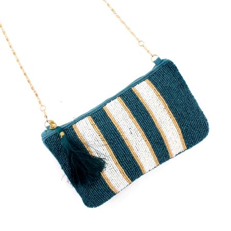 Blue  And White Glass Beads Cotton Ziptop Clutch Bag