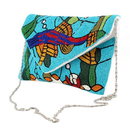Blue Multicolored Glass Bead And Cotton Female Party Wear Evening Clutch Bag