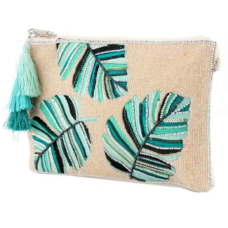 Blue Leaves On White Glass Beads And Cotton Clutch Bag