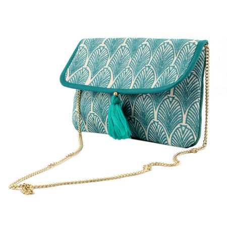 Turquoise Embroidered Cotton Fold Over Clutch Bag