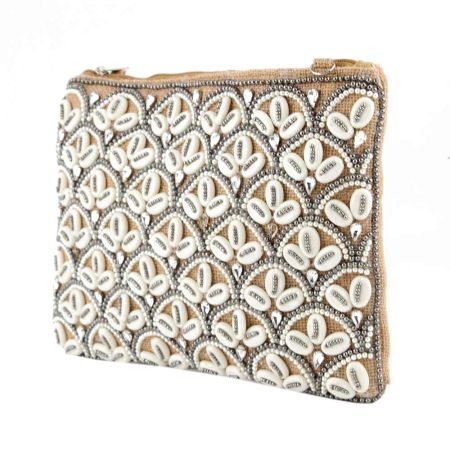 Handmade White Beaded And Heavy Shell Bag