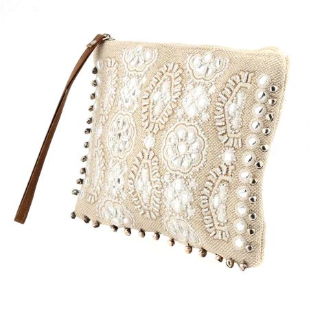 Natural Silver Ziptop Embroidered Bag With Leather Strap
