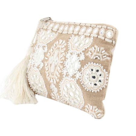 Beige And White Ziptop Embroidered Bag With Tussle