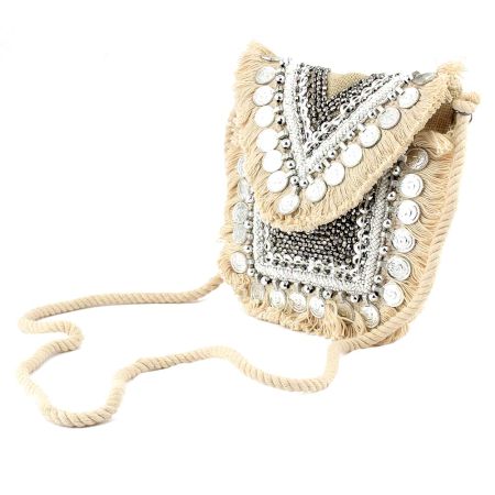 Natural Beaded And  Coin Flap Clutch Bag