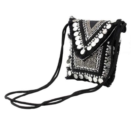 Black And White Heavy Hand Embroidery Foldover Cluch Bag With Coins