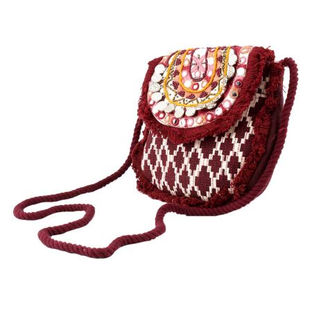 Burgundy And White Heavy Hand Embroidery Foldover Cluch Bag With Coins