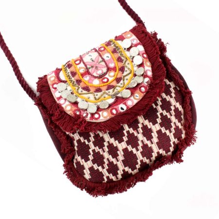 Burgundy And White Heavy Hand Embroidery Foldover Cluch Bag With Coins