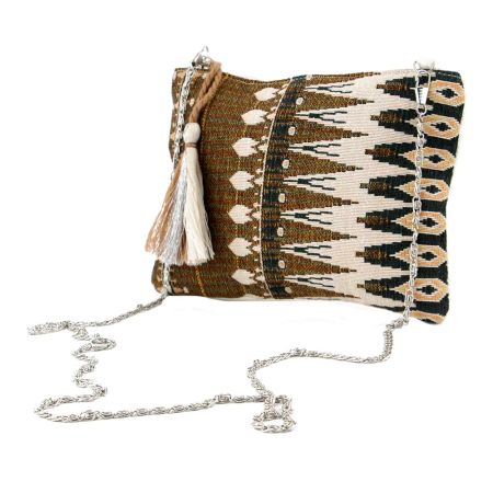 Brown Ikat Jaquard Ziptop Clutch Cotton Bag With Tassle