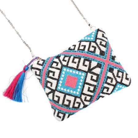 Blue Colorful Ziptop Jacquard Cotton Clutch Bag With Tassle