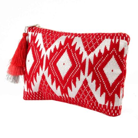 Red And White Jacquard Lurex  Zip Top Clutch Bag