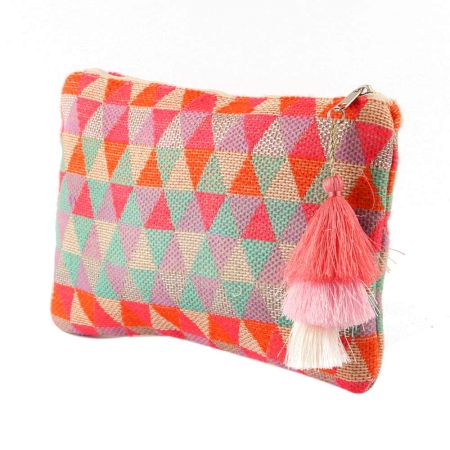 Multicolored Geometric Desisn Jaquard Lurex Zip Top Bag With Tassle