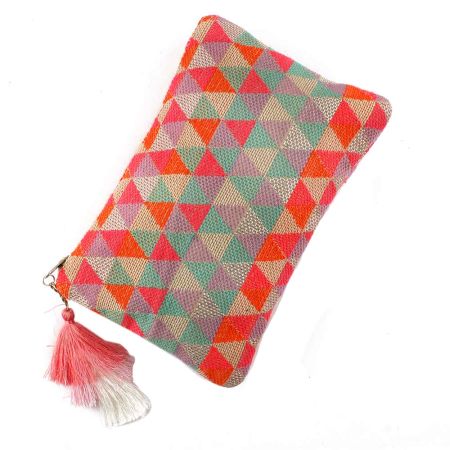 Multicolored Geometric Desisn Jaquard Lurex Zip Top Bag With Tassle