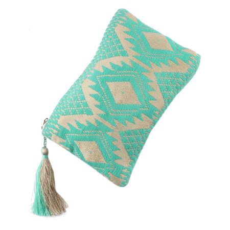 Blue Embroidered ZipTop Jaquard Lurex Zip Top Clutch Bag