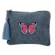 Blue Butterfly Embroidered Denim Zip Top Clutch Bag