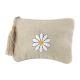 White Flower On Beige Emboidered Cotton Zip Top Bag