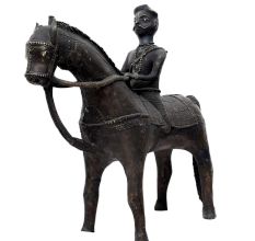 Brass Rider With Horse Figurine Statue In Patina Finish