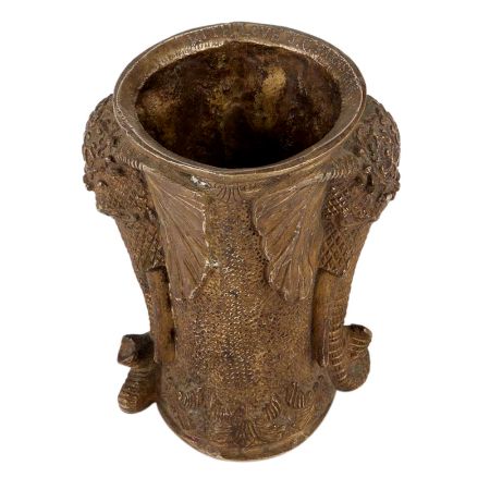 Handmade Brass Vase With Elephant Face Design And Brown Patina