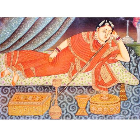 Indian Munhall Painting Of Maharani With a Hookah