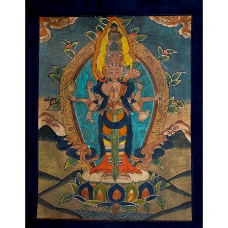 Navy Blue Thangka Painting  Of Eleven Headed Avalokiteshvara