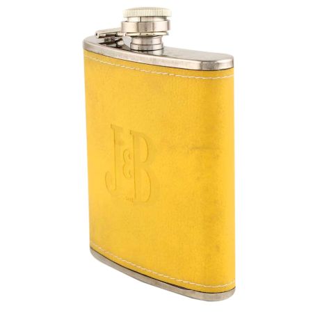 JB Yellow Hip Flask In Leather Cover