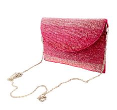 Pink Beaded Flap Bag With Chain