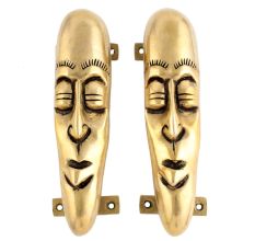 Golden Tribal Man Face Brass Door Handles In Pair